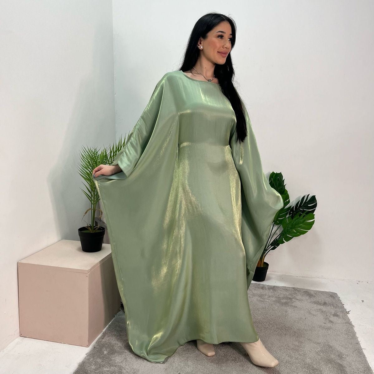 Shimmer satin butterfly abaya with fitted waist