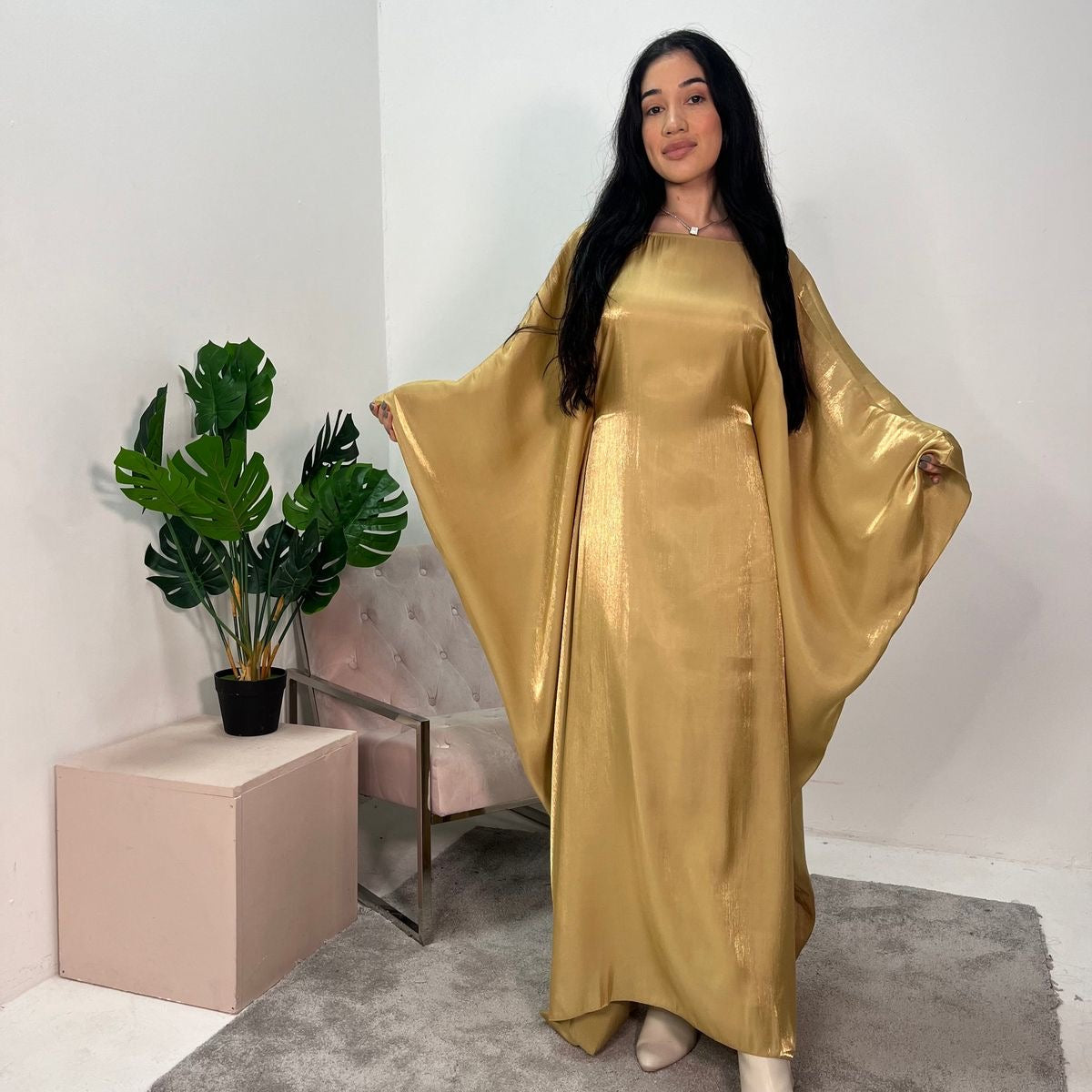 Shimmer satin butterfly abaya with fitted waist