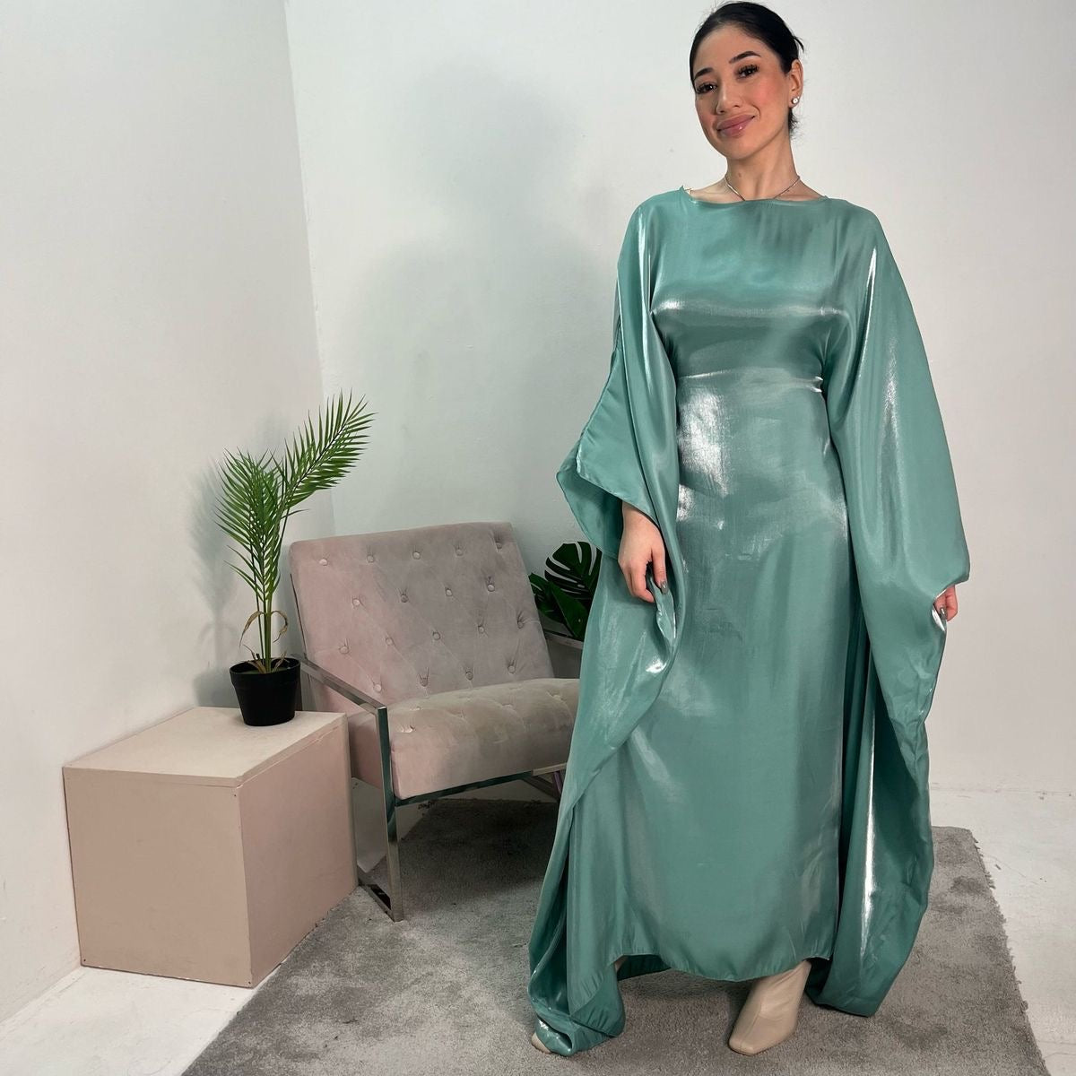 Shimmer satin butterfly abaya with fitted waist