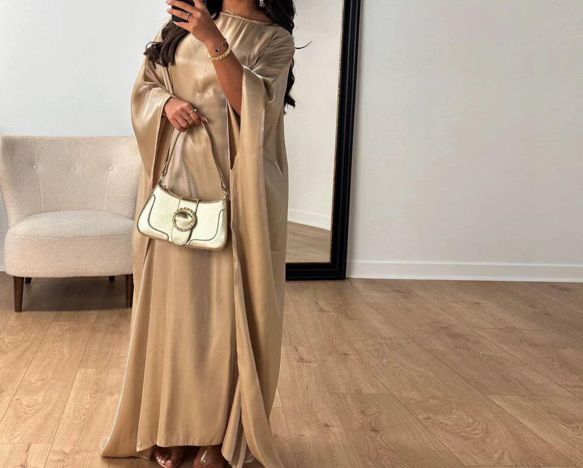 Shimmer satin butterfly abaya with fitted waist