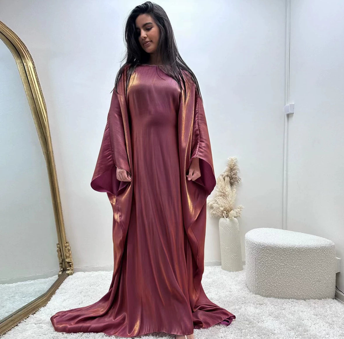 Shimmer satin butterfly abaya with fitted waist