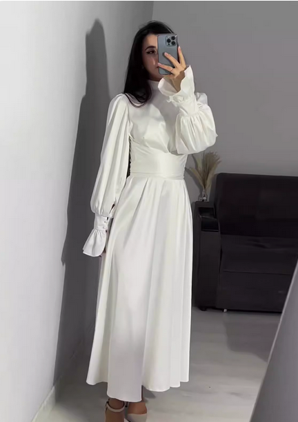 Maxi satin dress with belt and ruffle sleeves